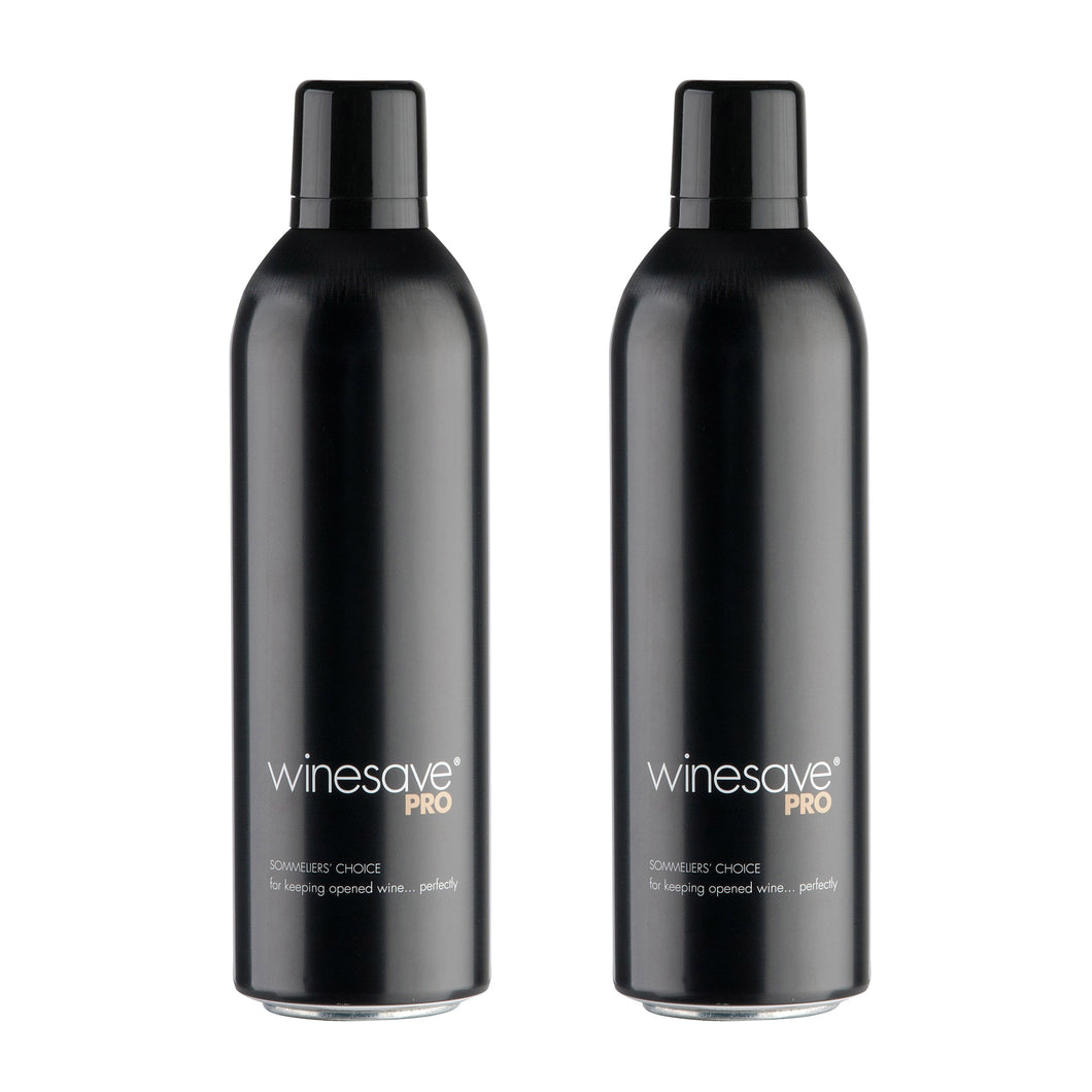 Winesave PRO, premium wine preservation product made with 100% argon gas. Two open bottles.